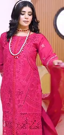 Screenshot 2025-09-20 144430 pink 3 piece dress with shifun dupatta and with lace cutwork for women (size:L).